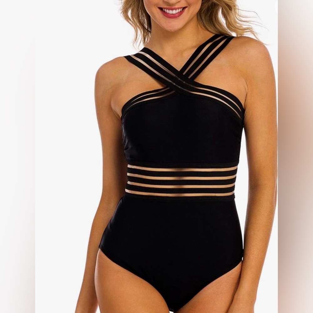 Black one piece swimsuit with crossover straps size small